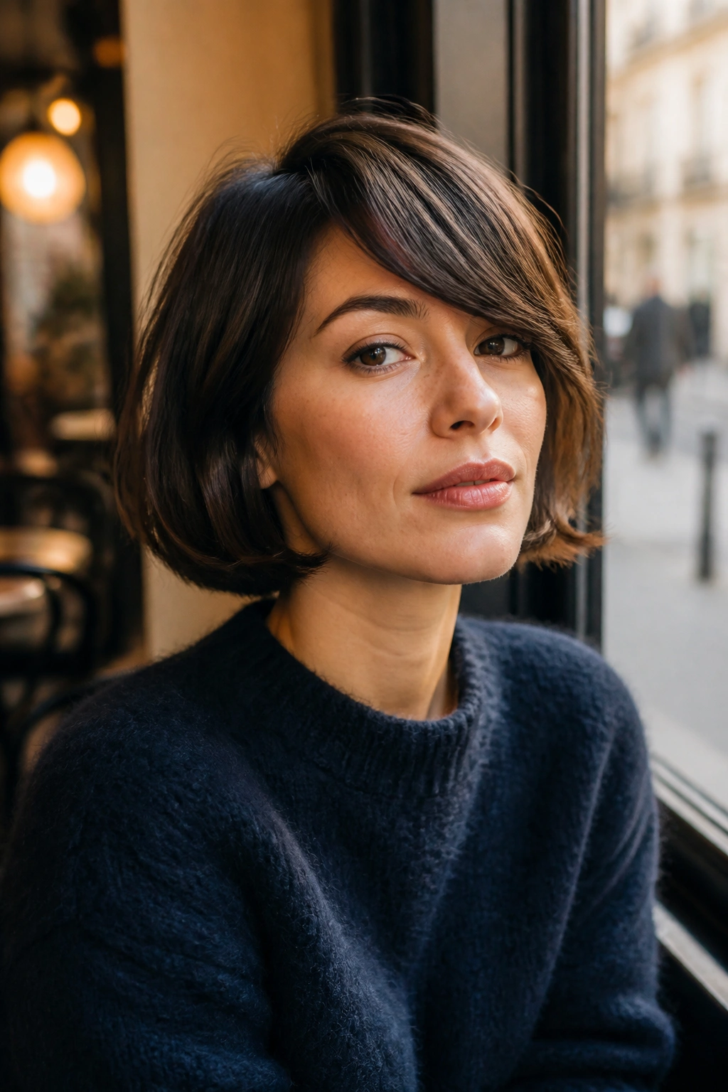 Close-up of real woman with French Bob and side-swept fringe