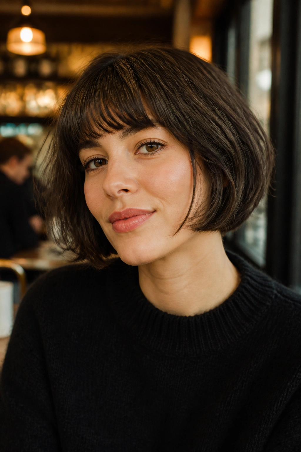 Portrait of a person with a French bob and soft bangs.