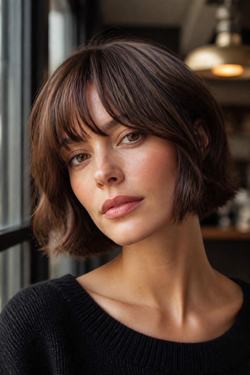 Portrait of a real woman with a French bob and soft bangs framing the forehead