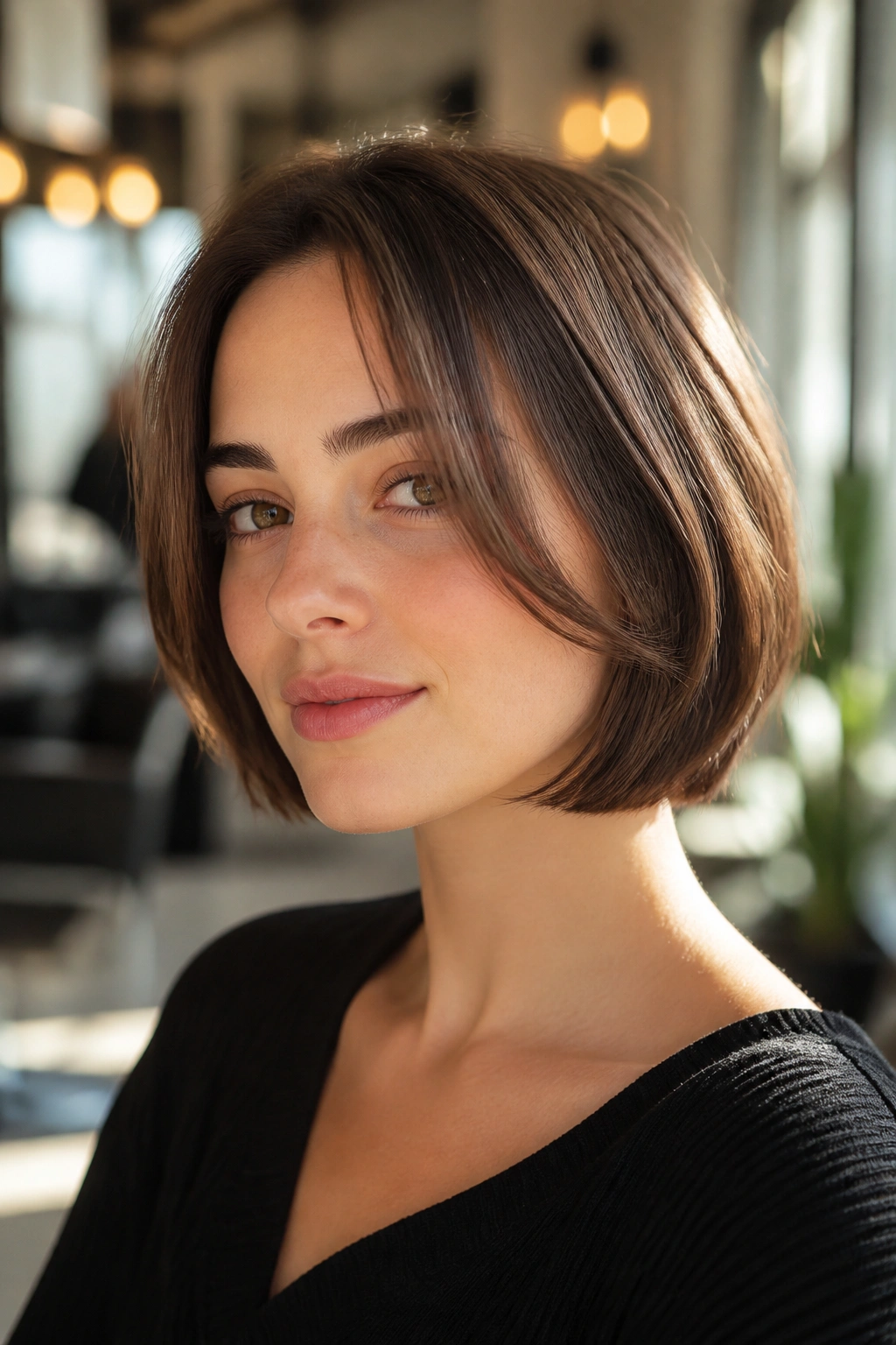 Close-up of real woman with chin-length French bob featuring soft bevel and face-framing pieces