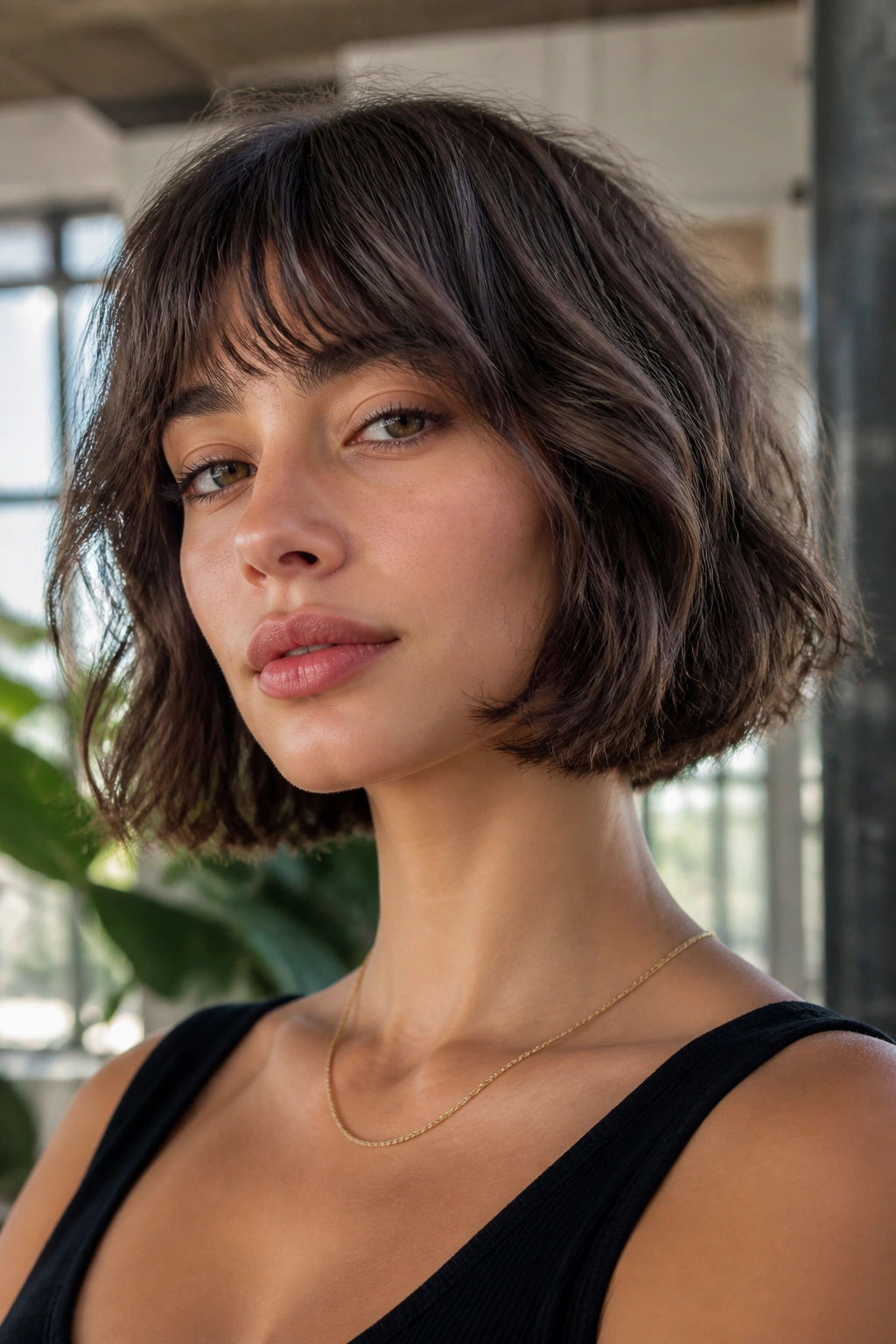 Close-up portrait of a real woman with a chin-grazing French bob and soft edges