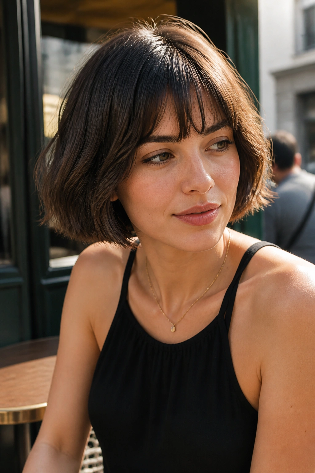 Portrait of a real woman with a French bob and soft fringe