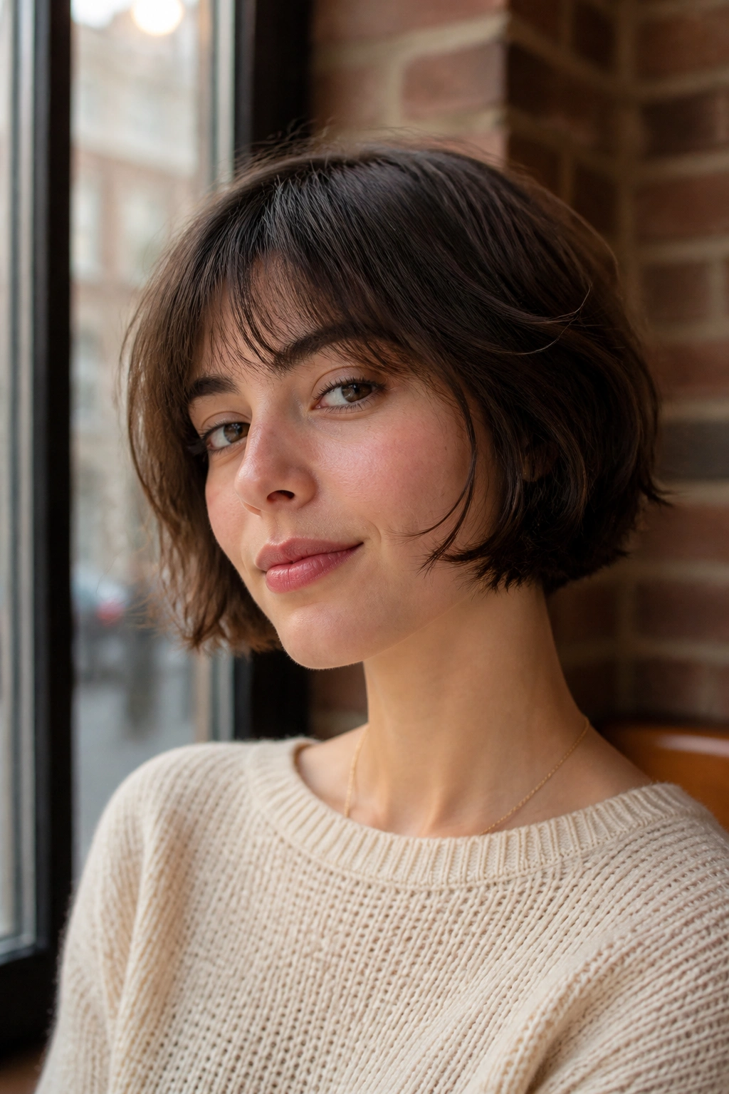Close-up of real person wearing a chin-skimming French bob with soft fringe in cafe window light