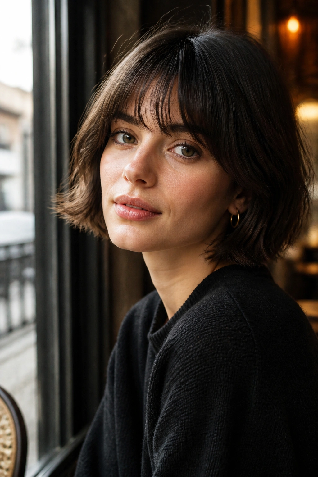 Close-up of a real woman with a French bob and soft fringe in cafe light