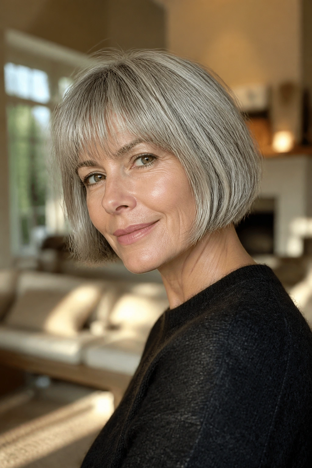 Close-up of a real woman with a French bob and soft fringe in warm window light.
