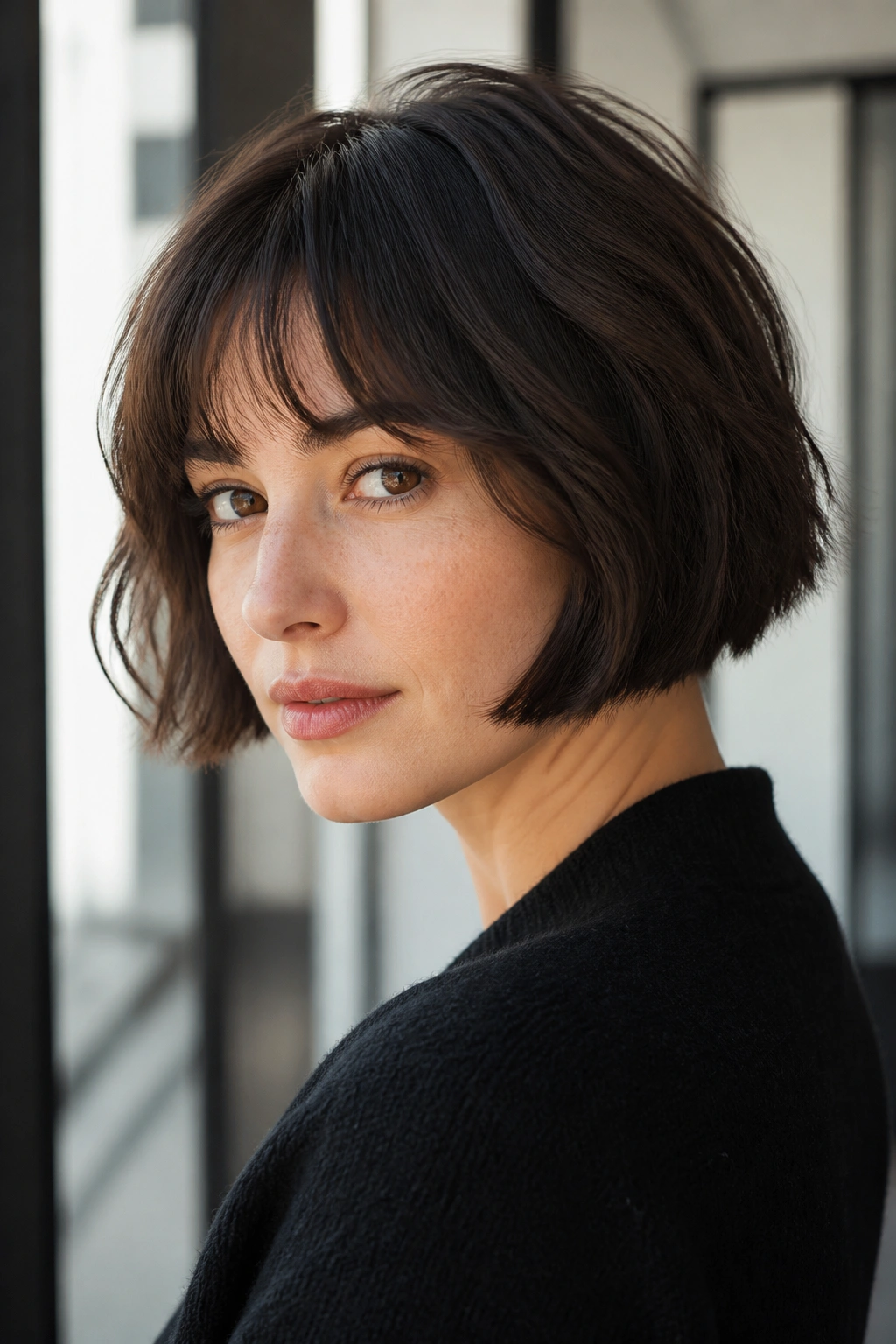 Close-up of real woman with French bob and soft fringe