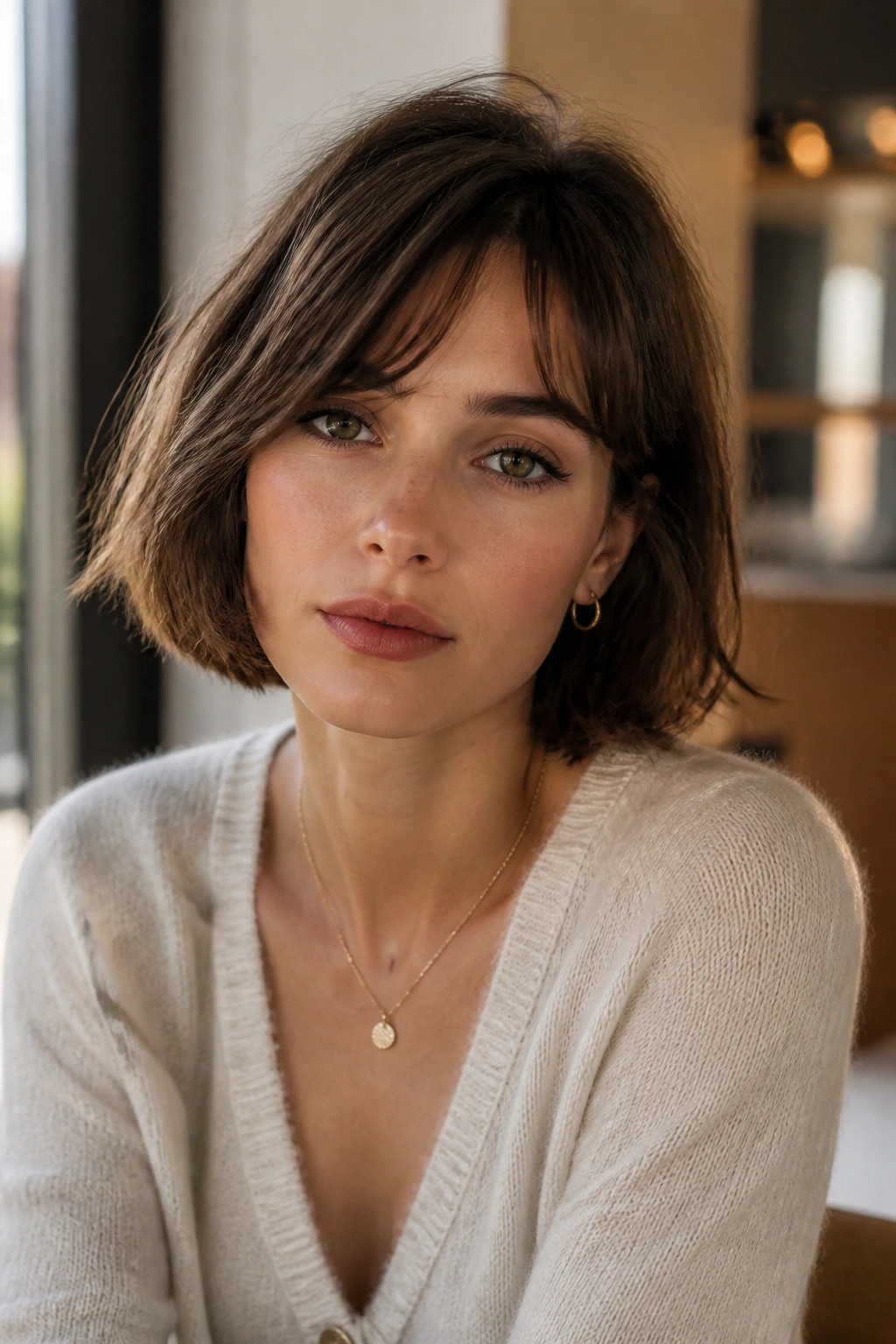 Close-up of a woman with French bob and soft side fringe in a cozy setting