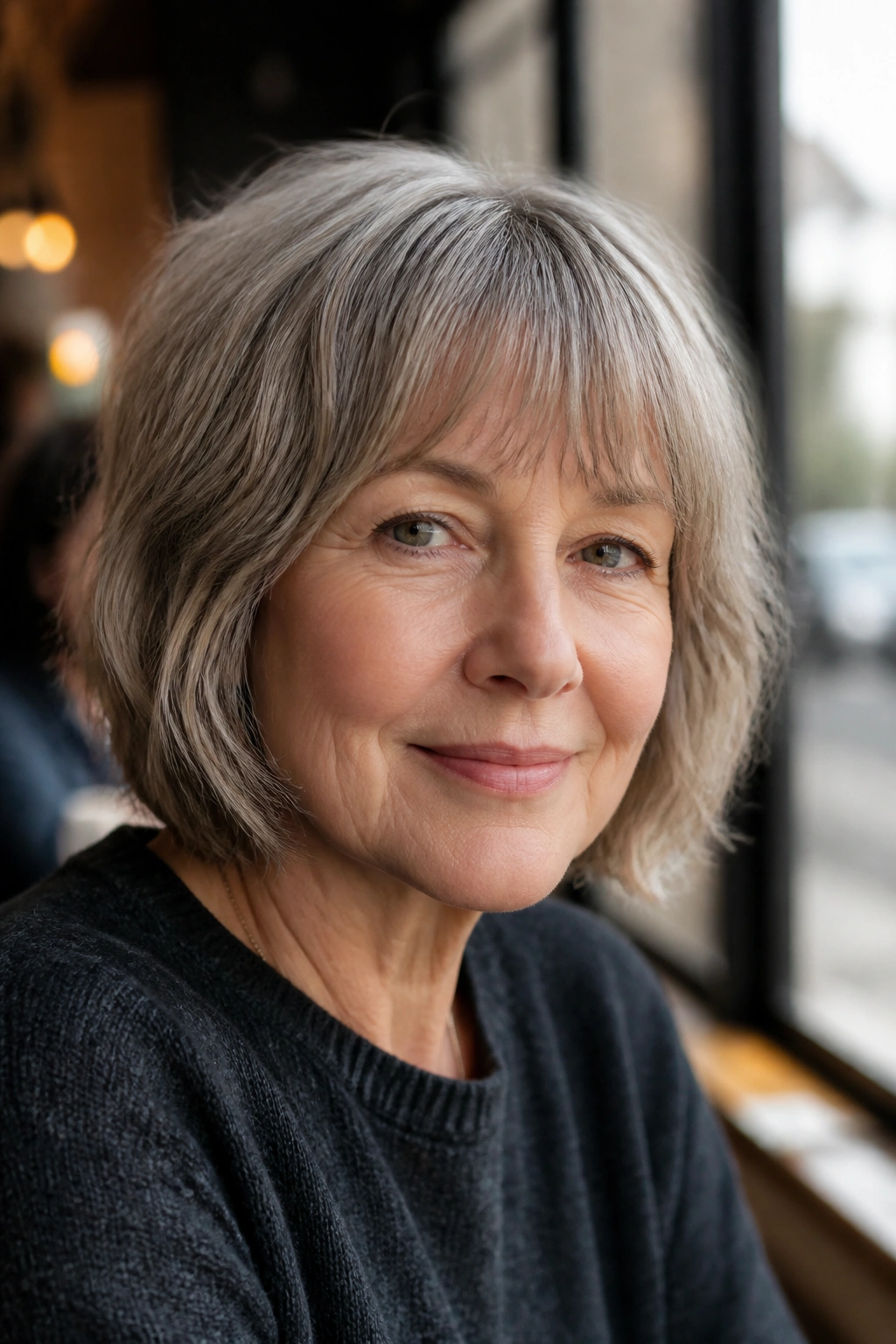Close-up portrait of a real woman with French bob and soft fringe.