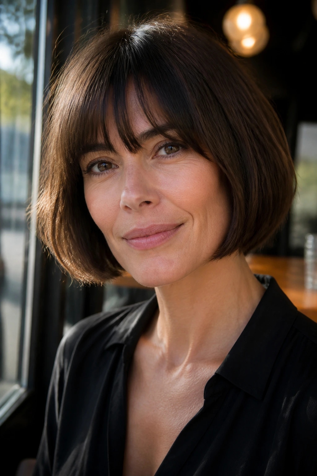 Real woman with French bob and soft fringe in cafe lighting