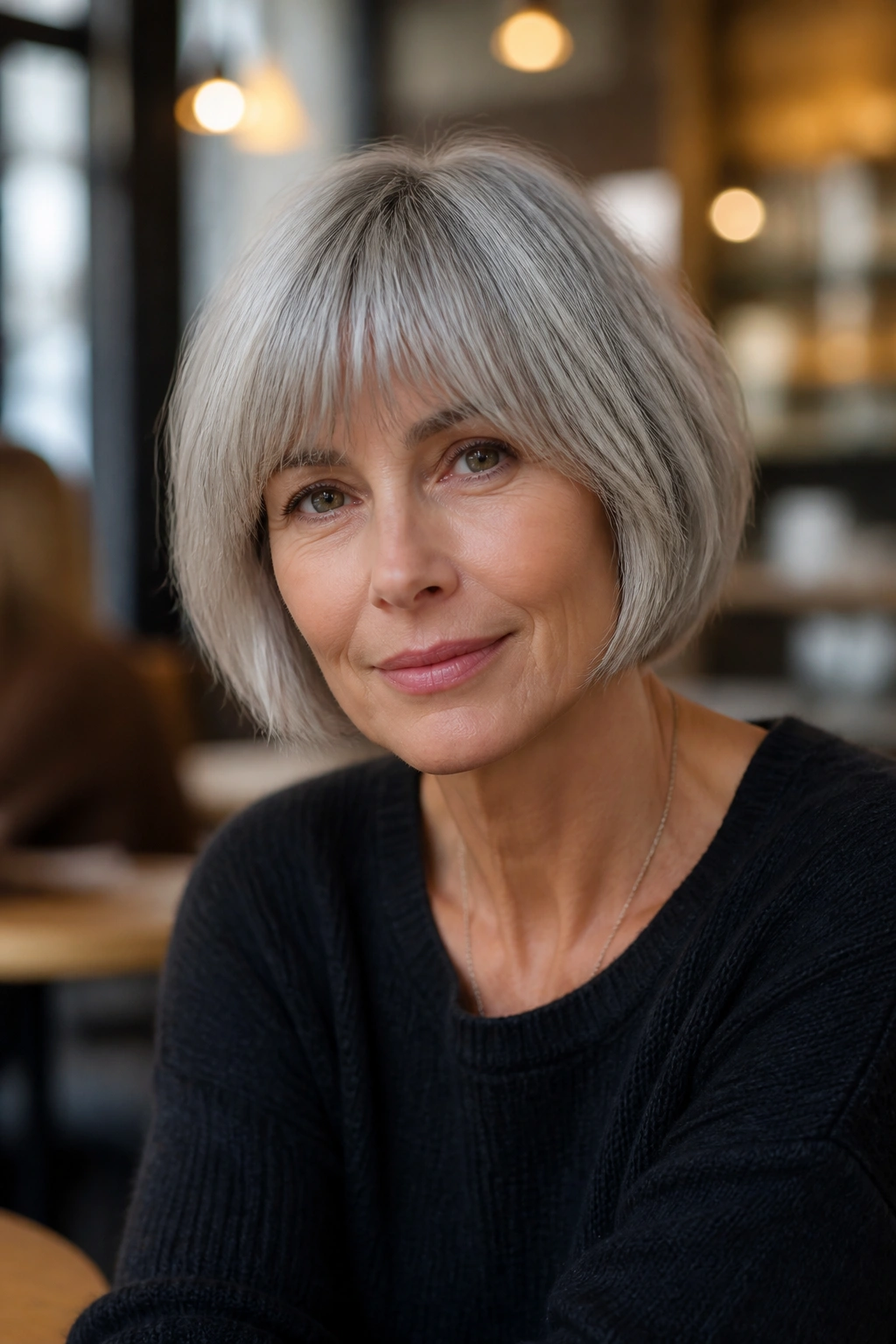 Real woman wearing a French bob with soft fringe in cafe light