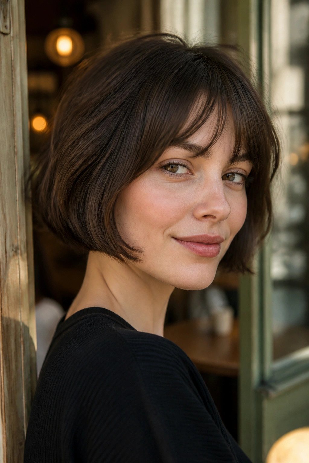Close-up portrait of a real woman with a soft fringe French bob