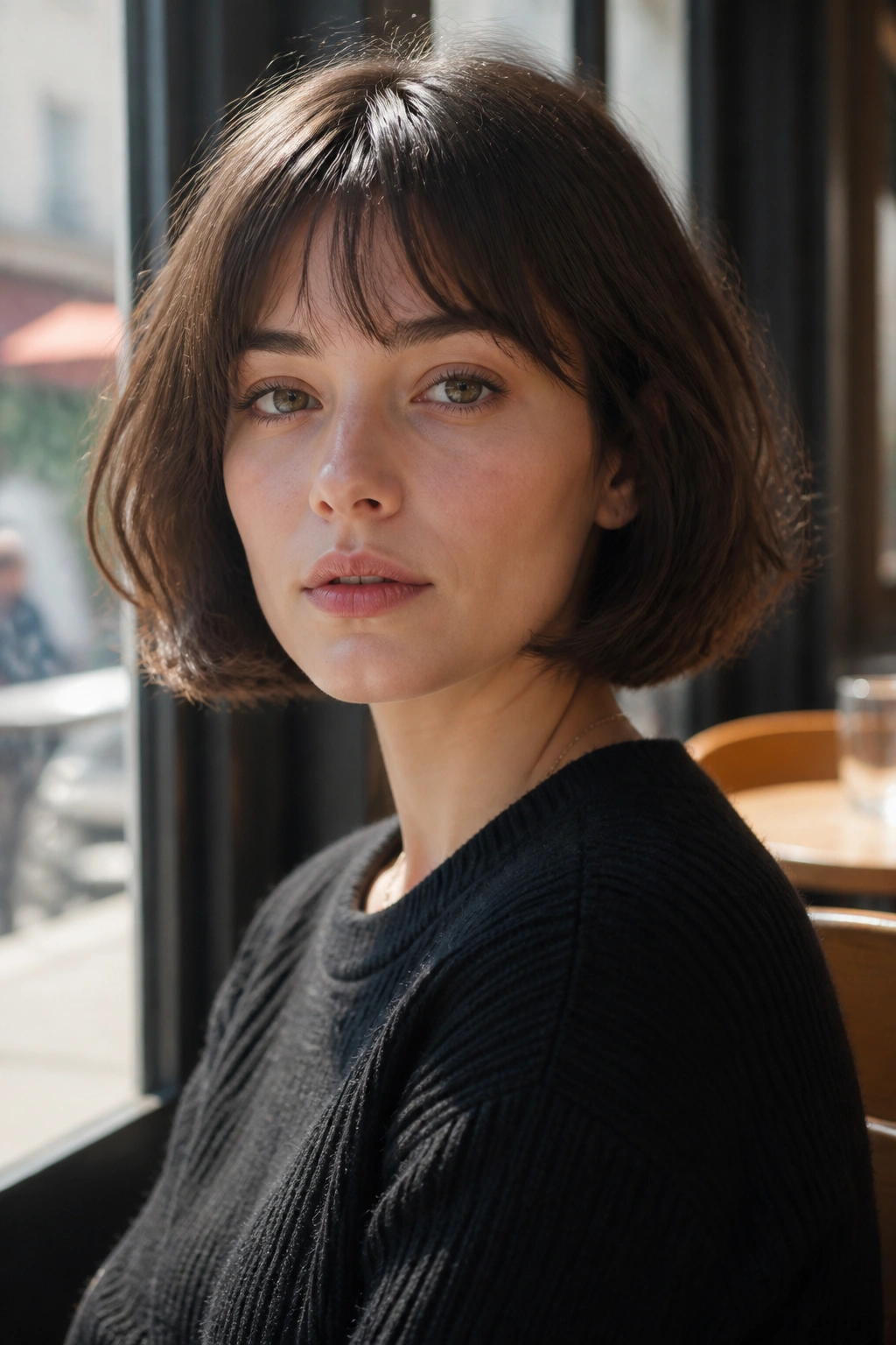 Portrait of a woman with a jaw-length French bob and soft fringe in cafe window light.