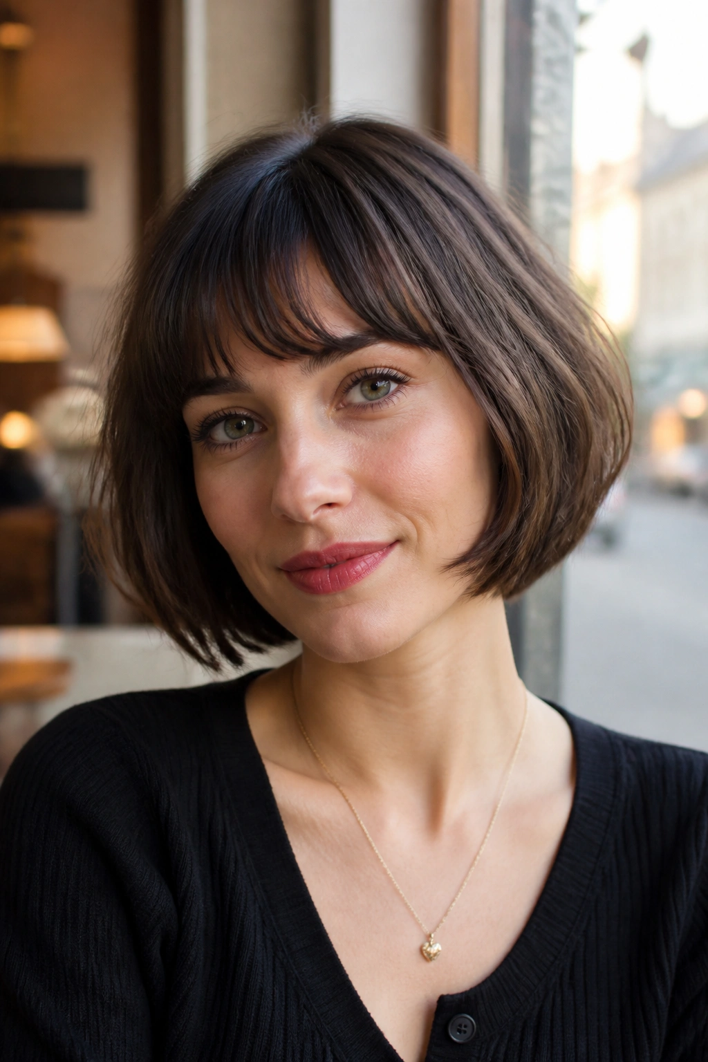 Real woman with soft-fringe French bob in cafe window light.