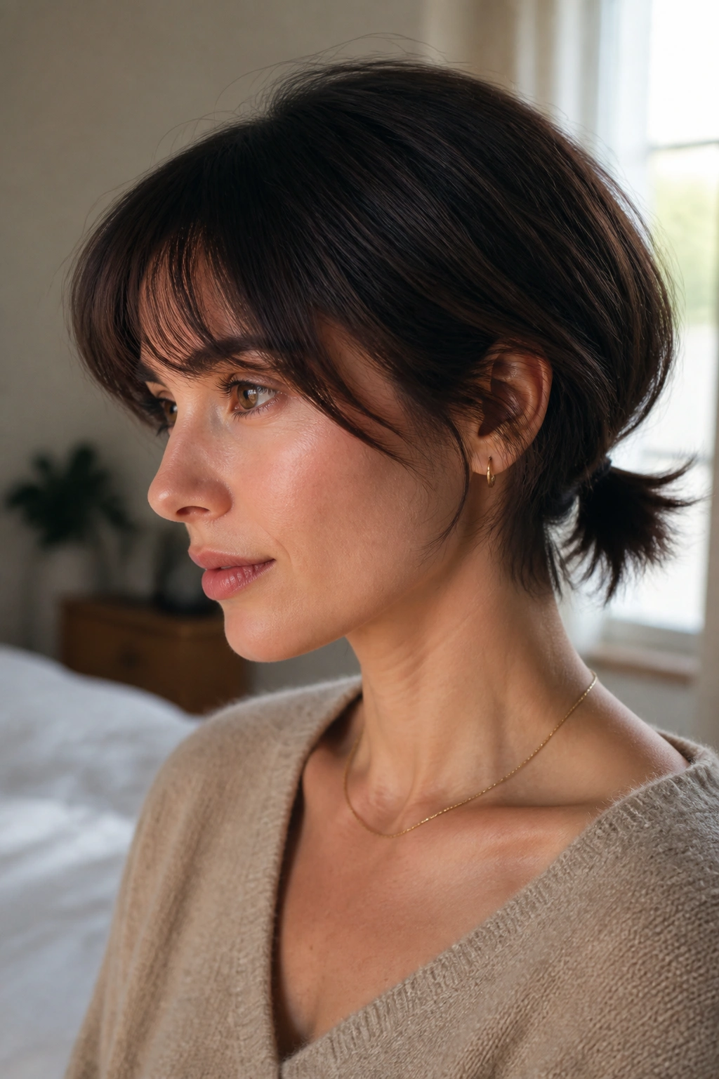 Close-up portrait of a real woman with a French bob featuring a soft nape and tiny low ponytail