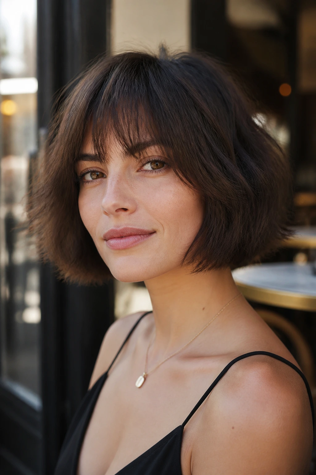 Close-up portrait of a real woman with a textured French bob and loose fringe