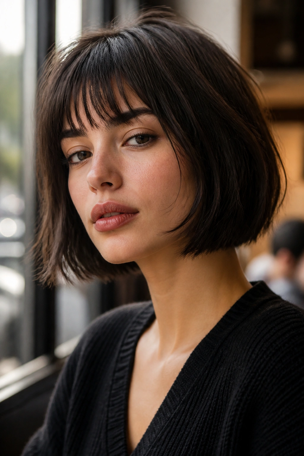 Portrait of a woman with a textured French bob and soft fringe