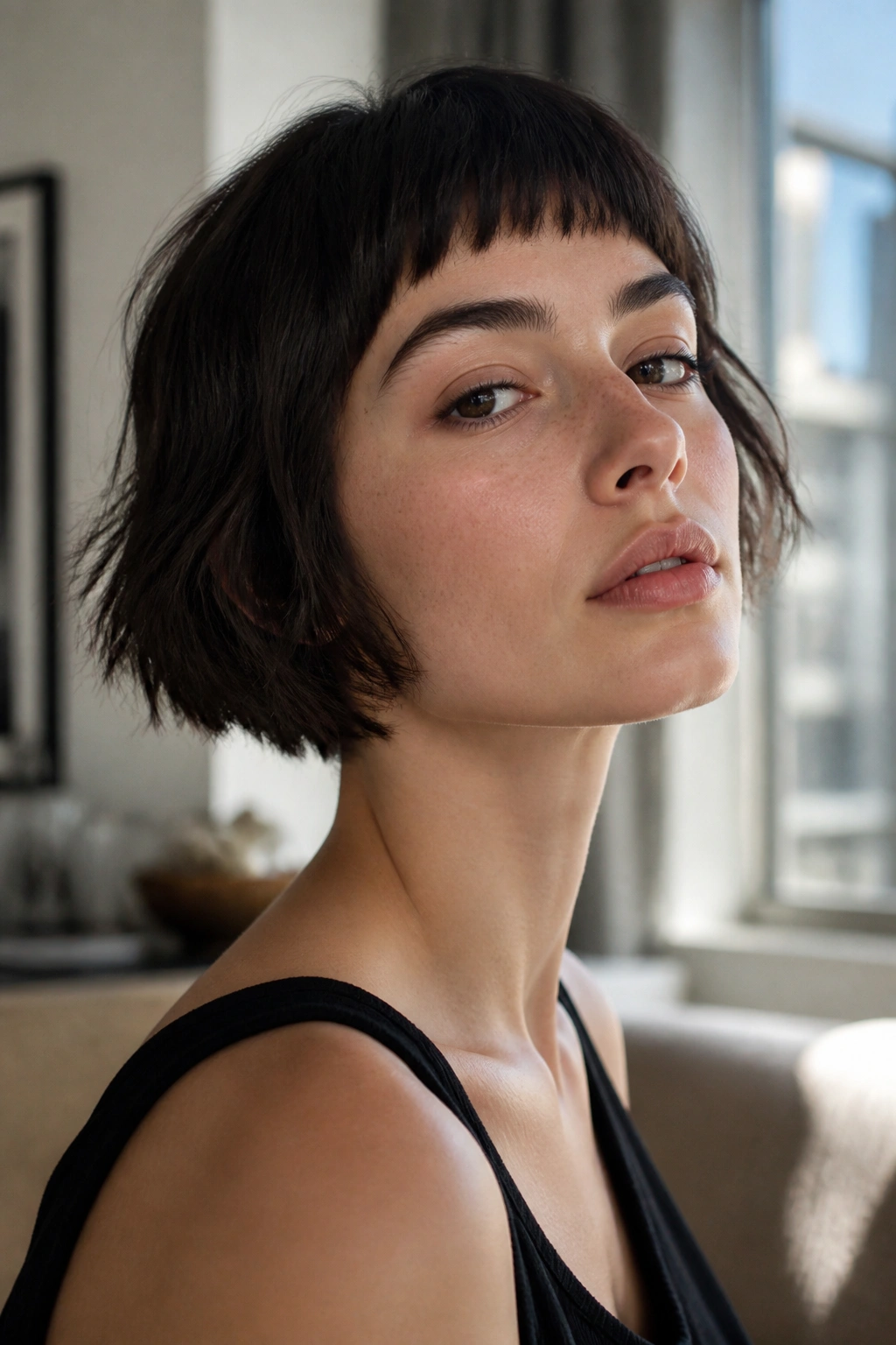 Close-up of a real woman with a French bob textured ends baby fringe in natural light