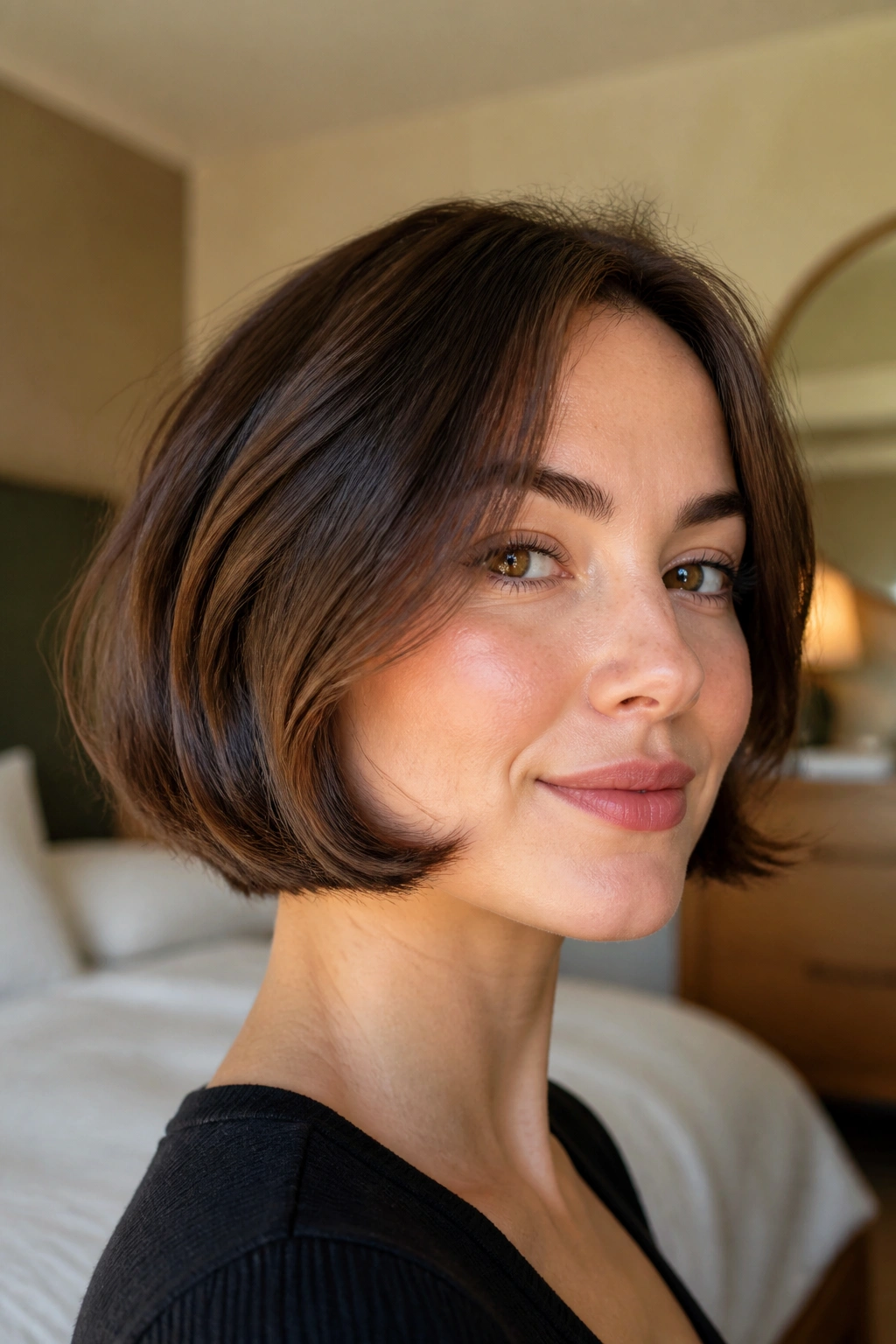 Real woman portrait showing a French Bob With Tucked Ends at jawline with tucked ends