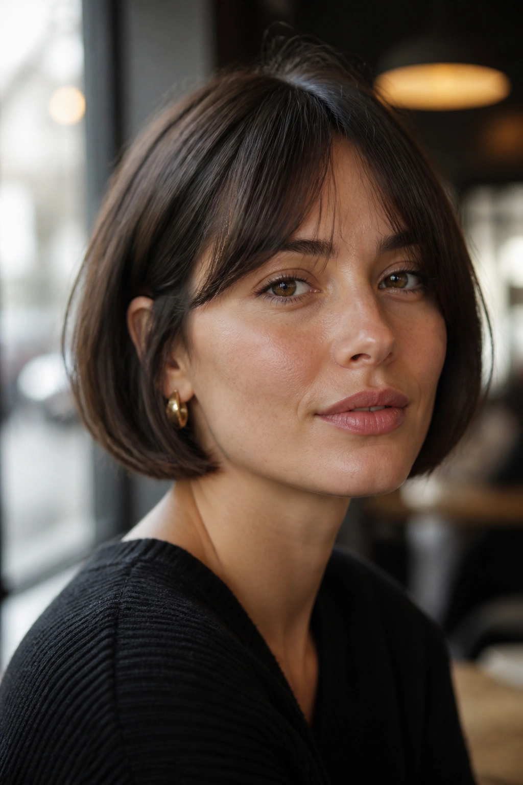 Close-up portrait of a real woman with a jaw-length French bob tucked-in ends under softly