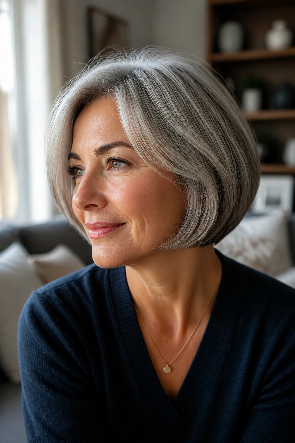 Close-up of a woman in a French bob with tucked ends.