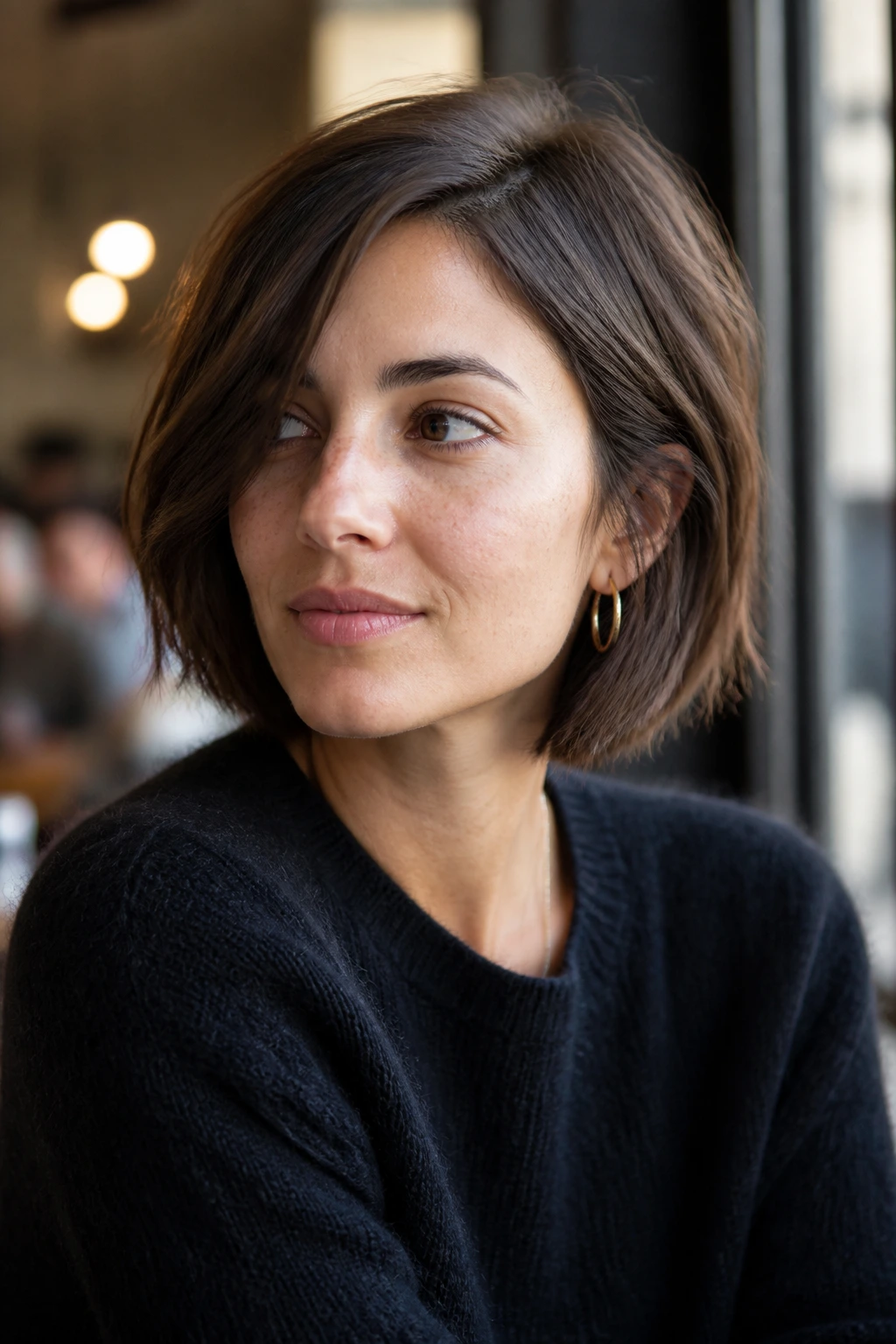 Real woman with a cheek-length French bob and uneven ends in soft daylight