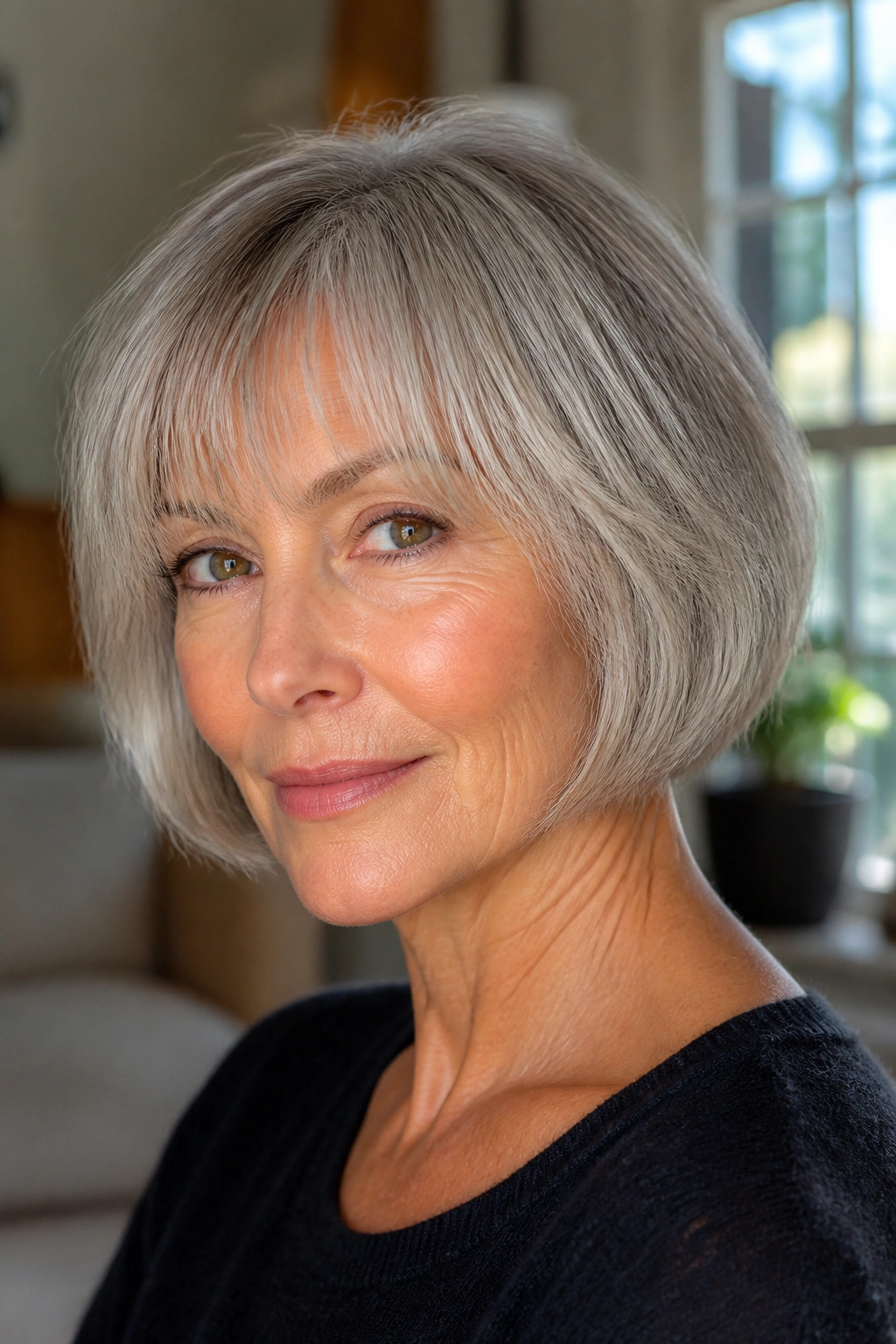 Close-up portrait of an older woman with a jaw-length French bob and wispy bangs.