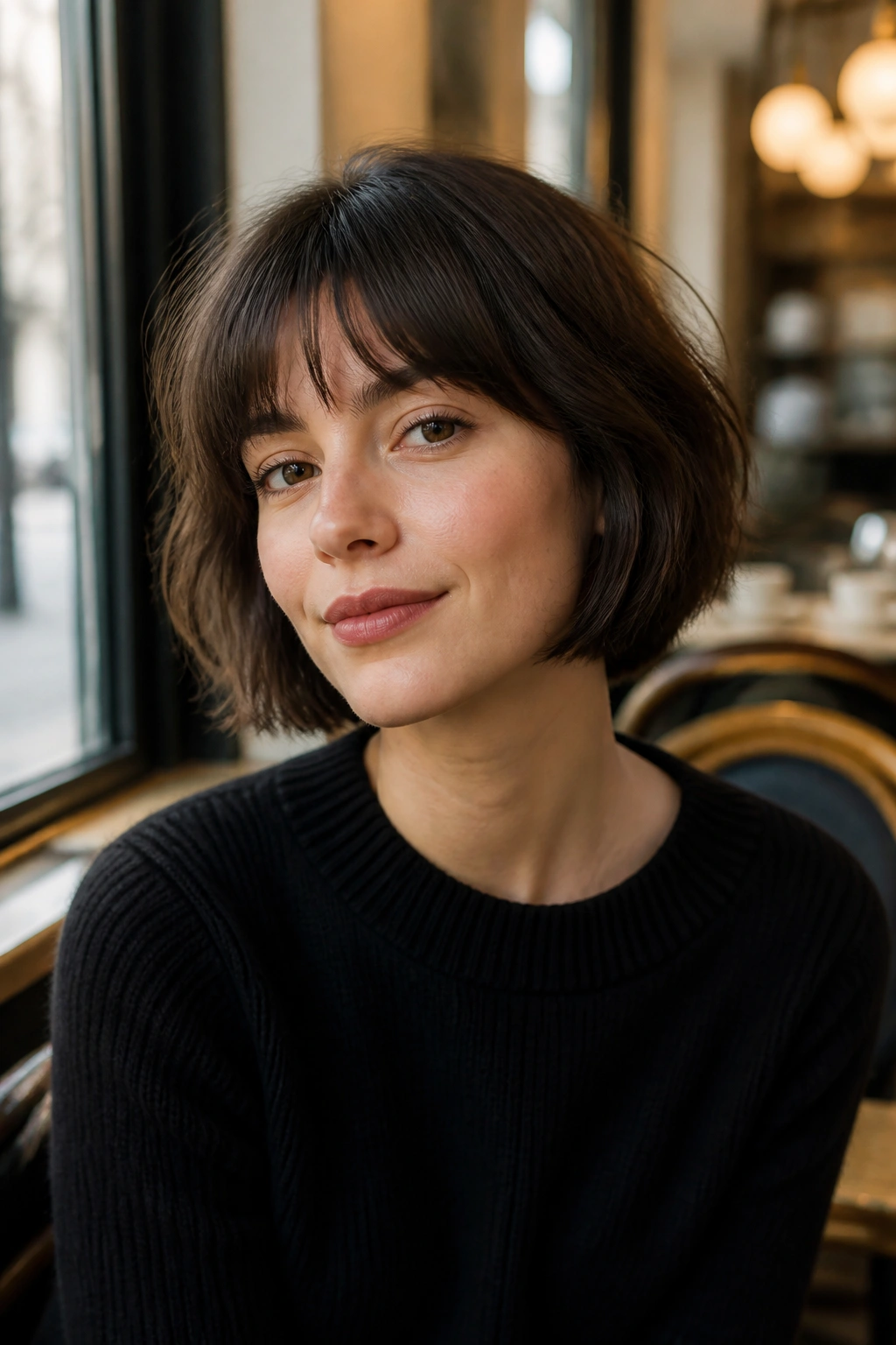 Close-up portrait of a woman with French bob and wispy bangs in warm window light