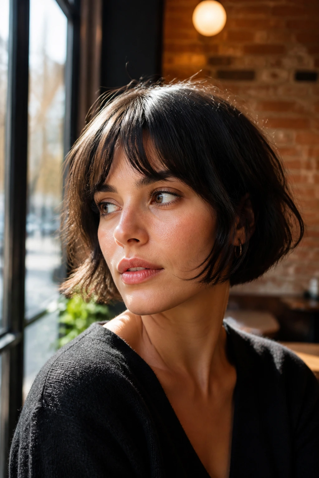 Real woman with French bob and wispy fringe in natural light.