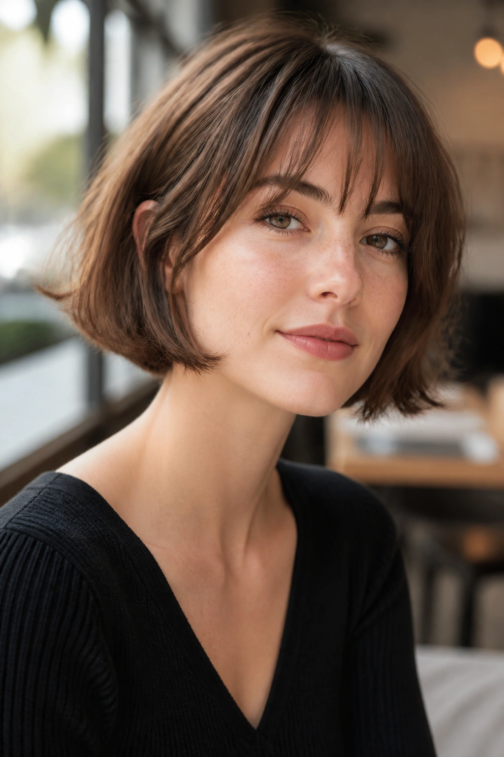 Portrait of a woman with French bob and wispy fringe