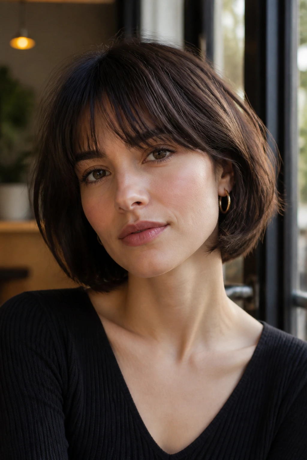 Close-up portrait of a real woman with wispy-fringed French bob.