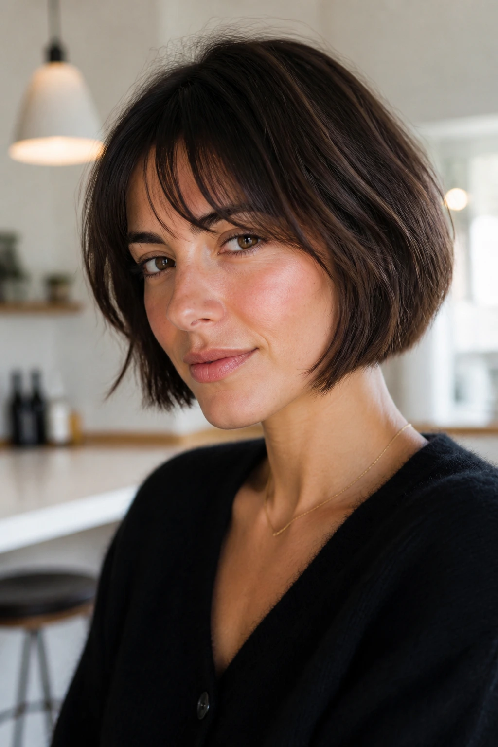 Close-up of a real woman with a wispy fringe French bob