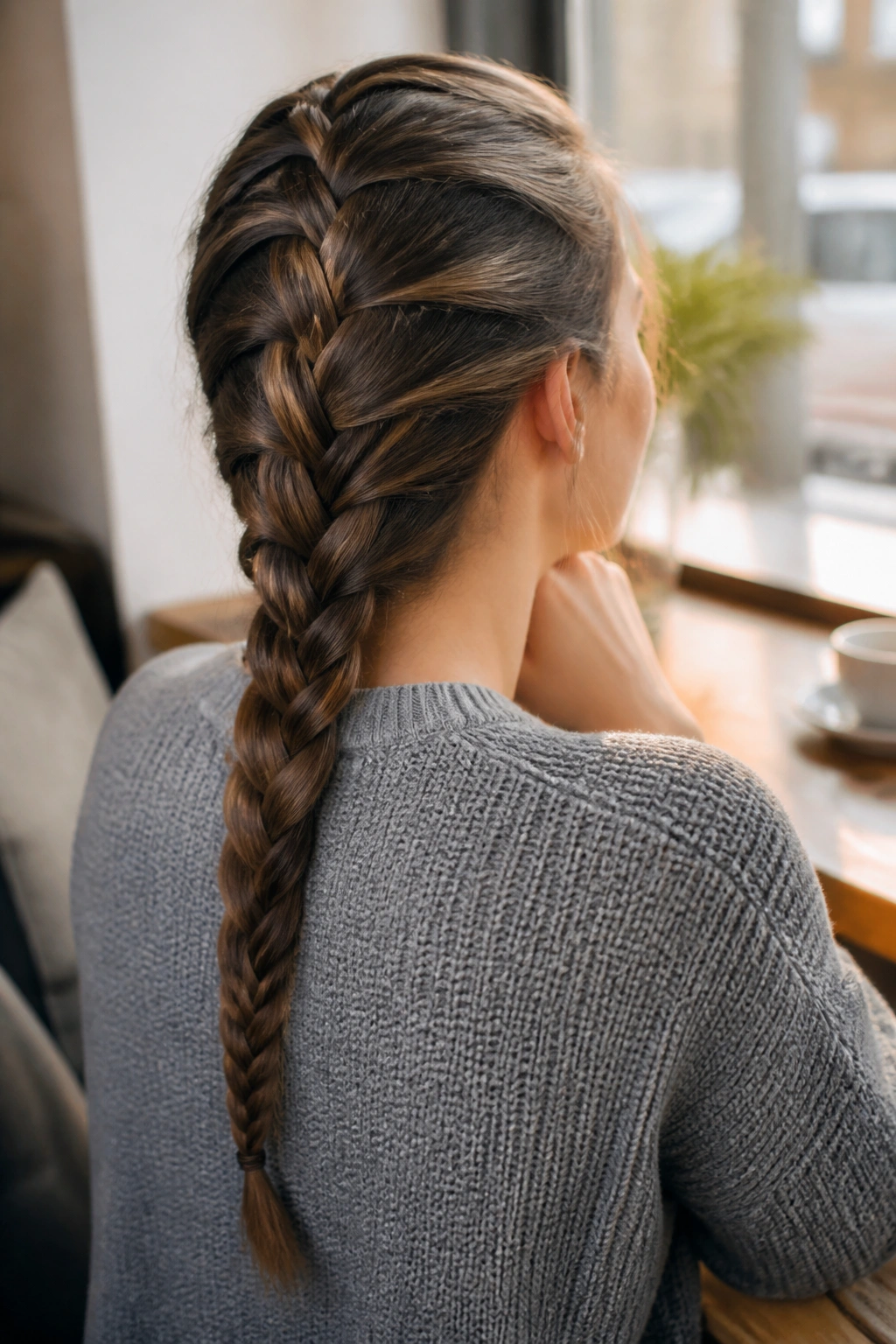 Back view of a real woman with a French braid down the back