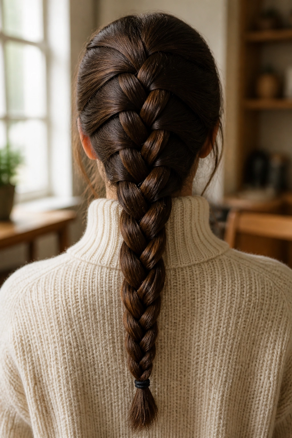 Rear portrait of brunette with French braid down the back in warm indoor light