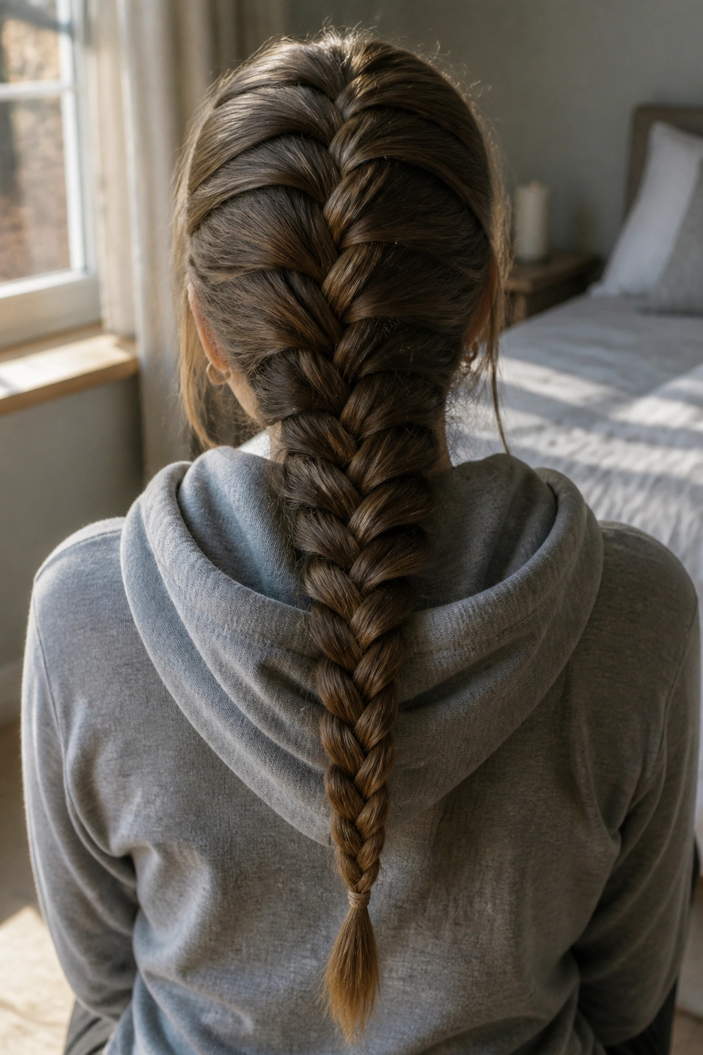 Back view of a real woman in a hoodie with a French braid down the center of her back