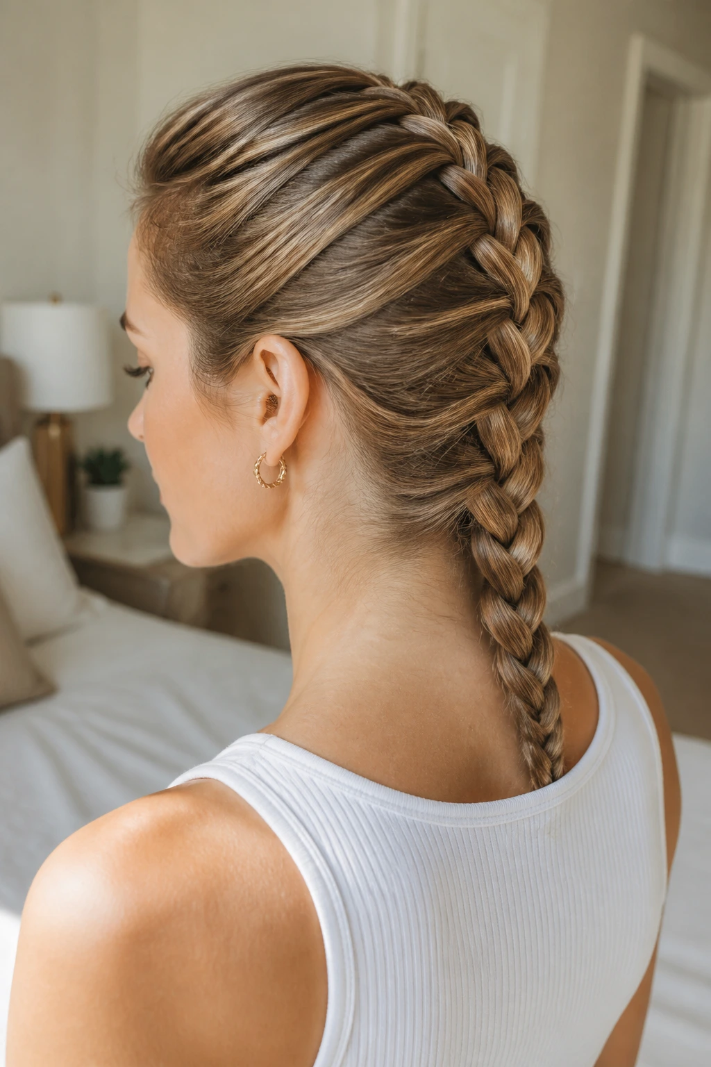 Back view of a real woman's head with a French braid down the back.
