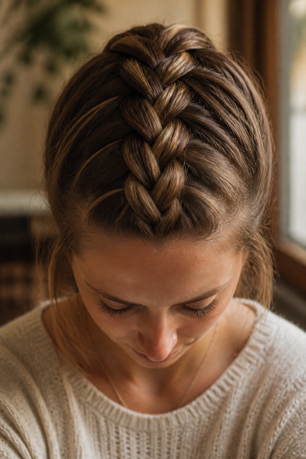 Portrait of a real woman with a centered French braid at the crown