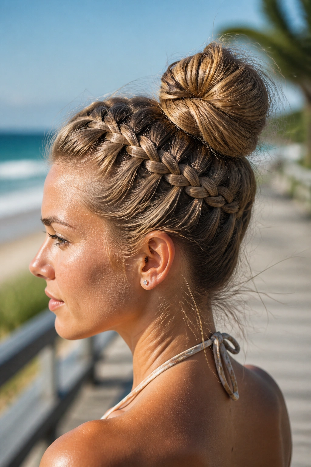 Close-up portrait of a real woman wearing a French braid bun at the crown on a sunlit beach boardwalk