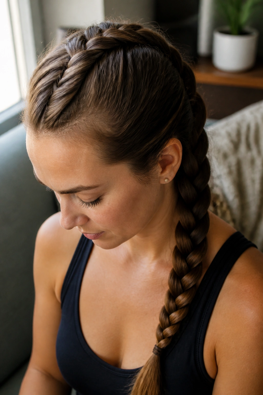 Close-up portrait of a real woman wearing a French braid flat against the head