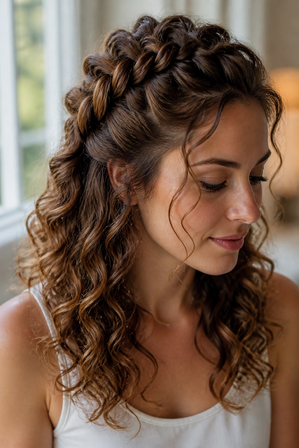 Close-up of a real woman with a crown braid stopping halfway and loose curls underneath