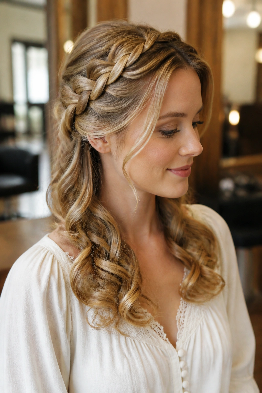 Close-up of a woman showing a French braid transitioning to curl-set ends.