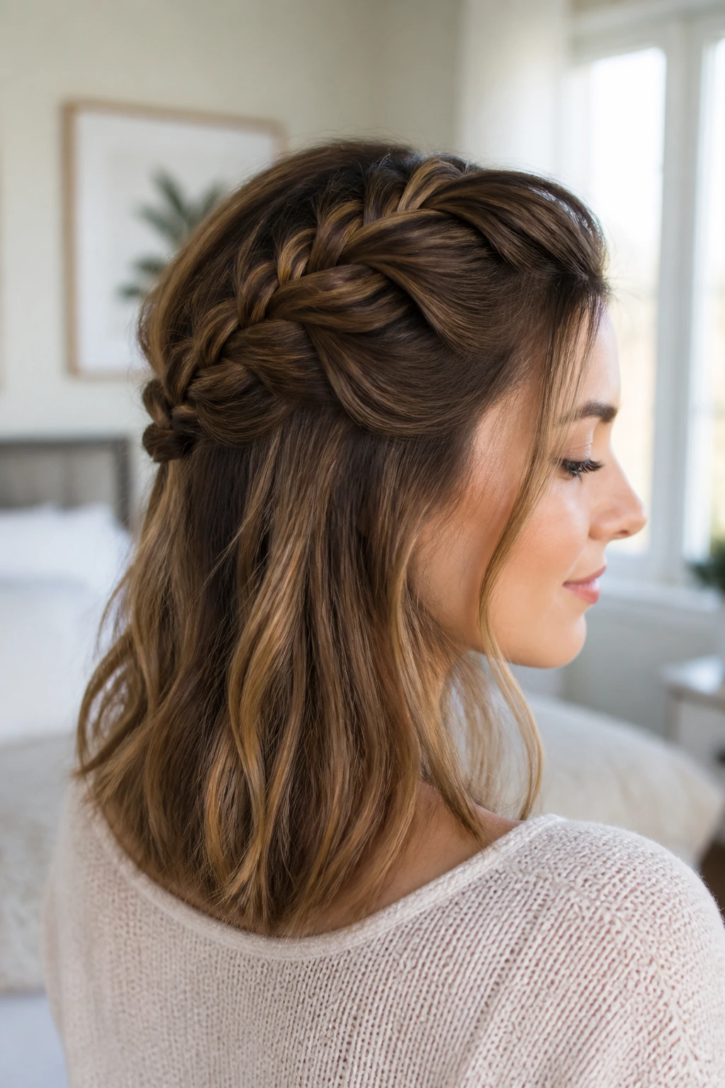 Close-up of real woman with crown French braid half-up
