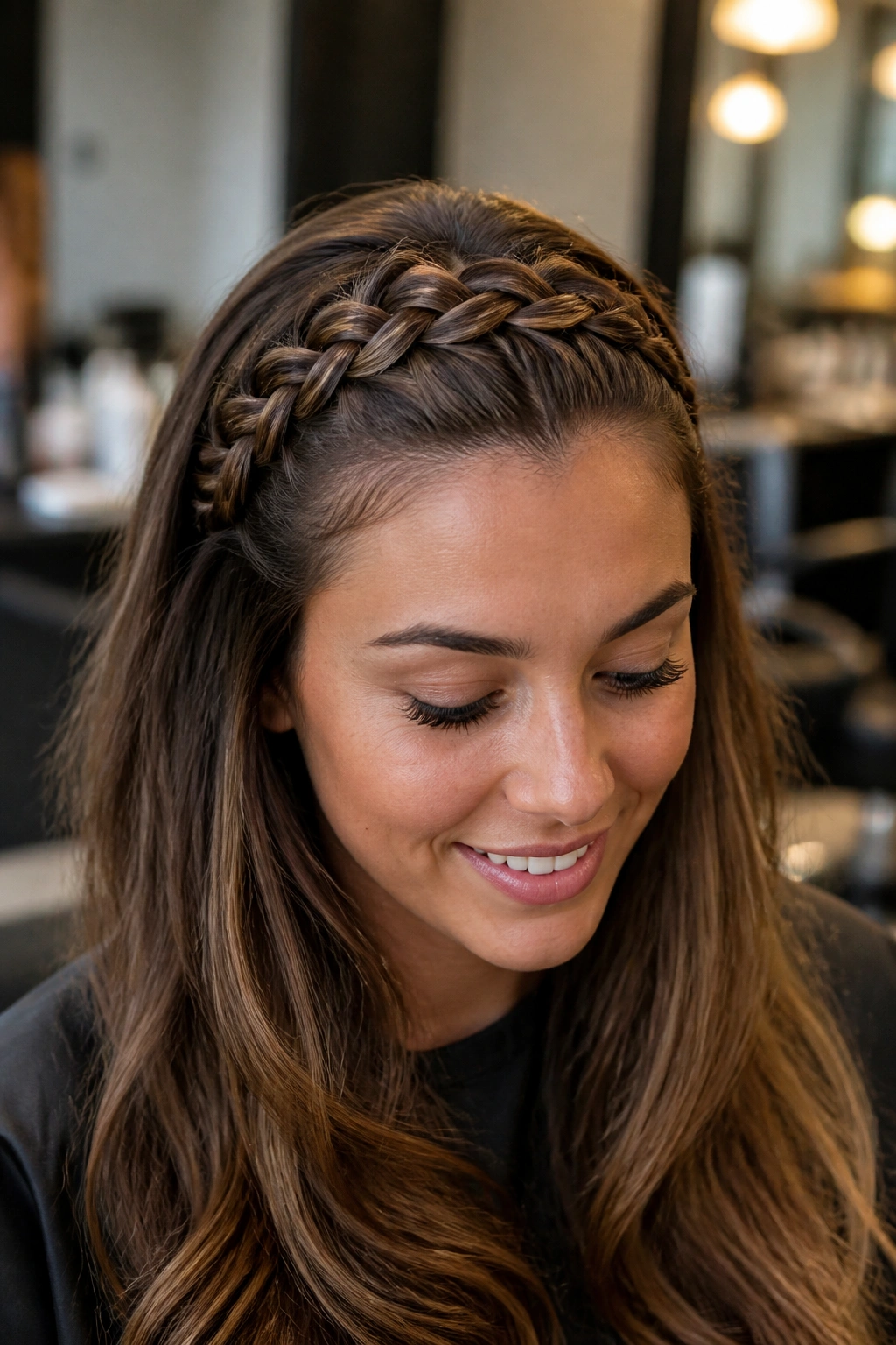 Close-up of a real woman with a French braid headband along the front hairline