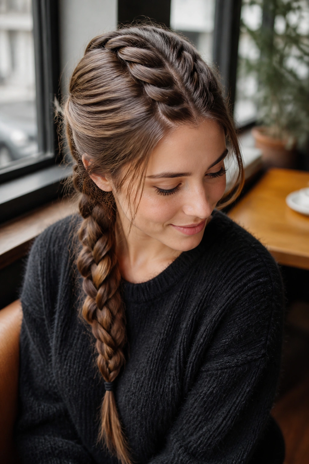 Medium close-up of a real woman wearing a crown-start French braid