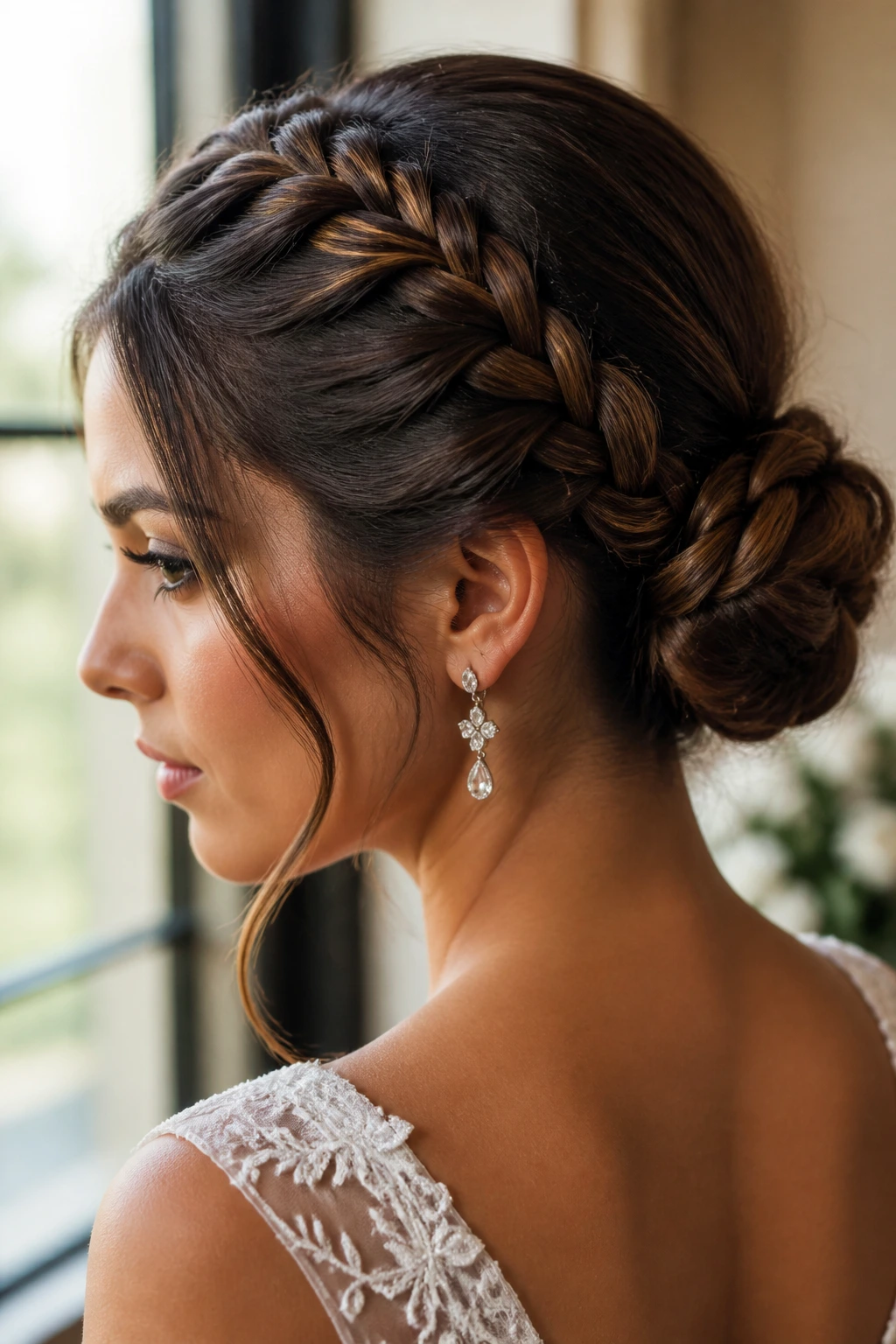Close-up of bride with French braid into a low bun