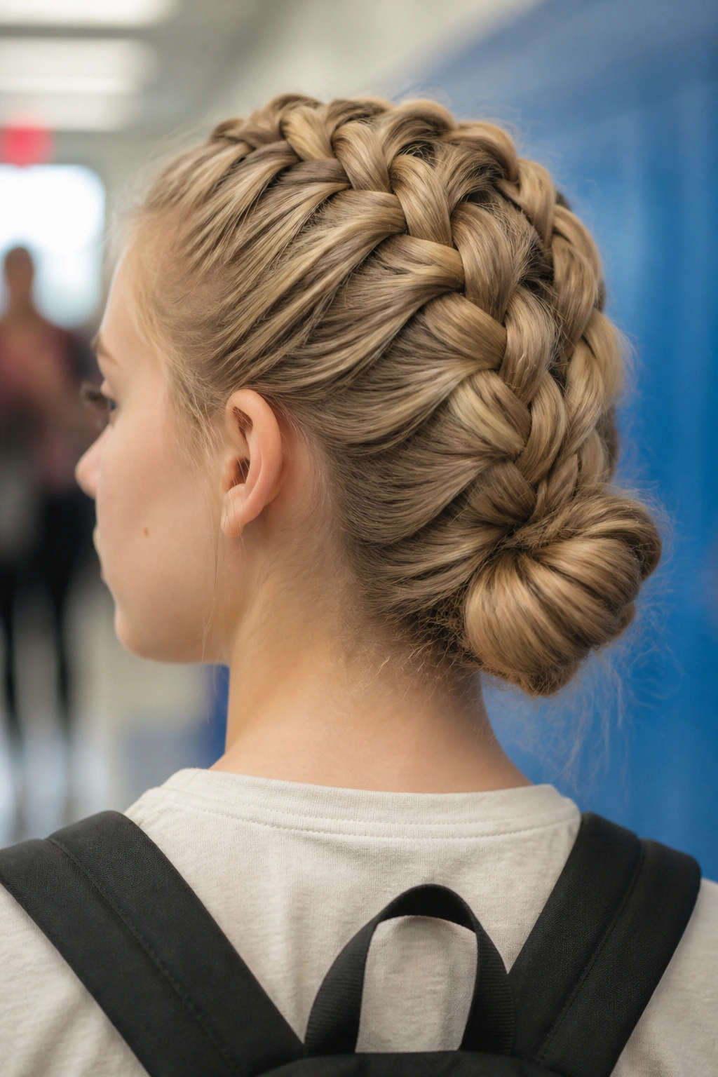 Close-up of a student with a French braid flowing into a low bun