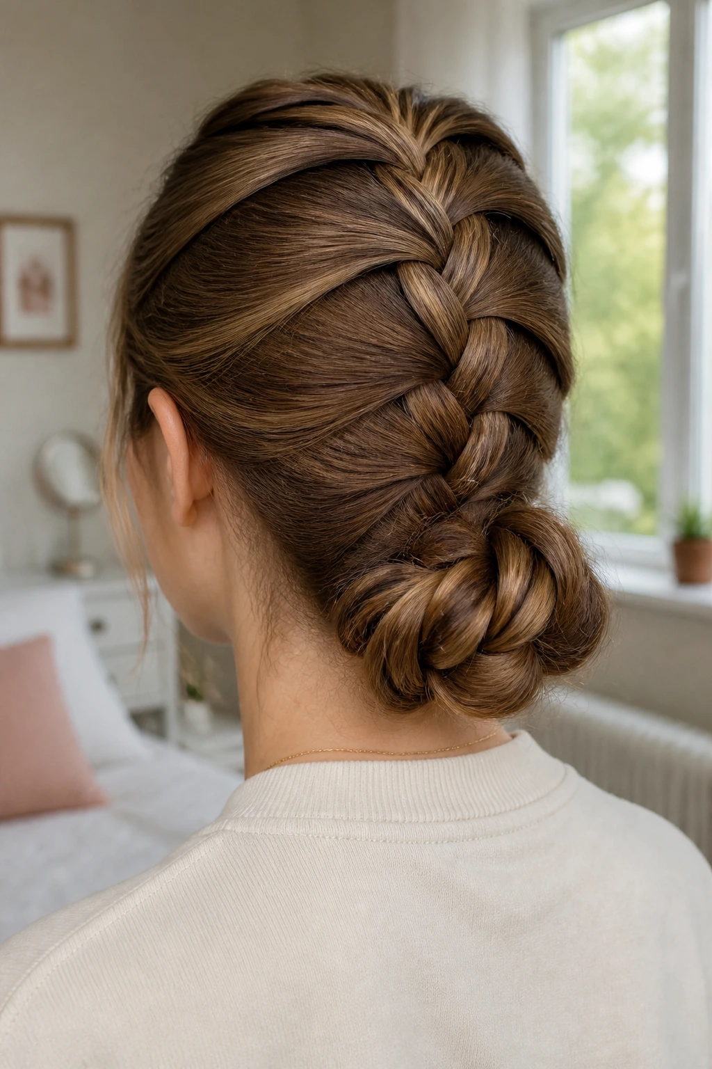 Close-up back view of teen girl with French braid forming a low bun at nape