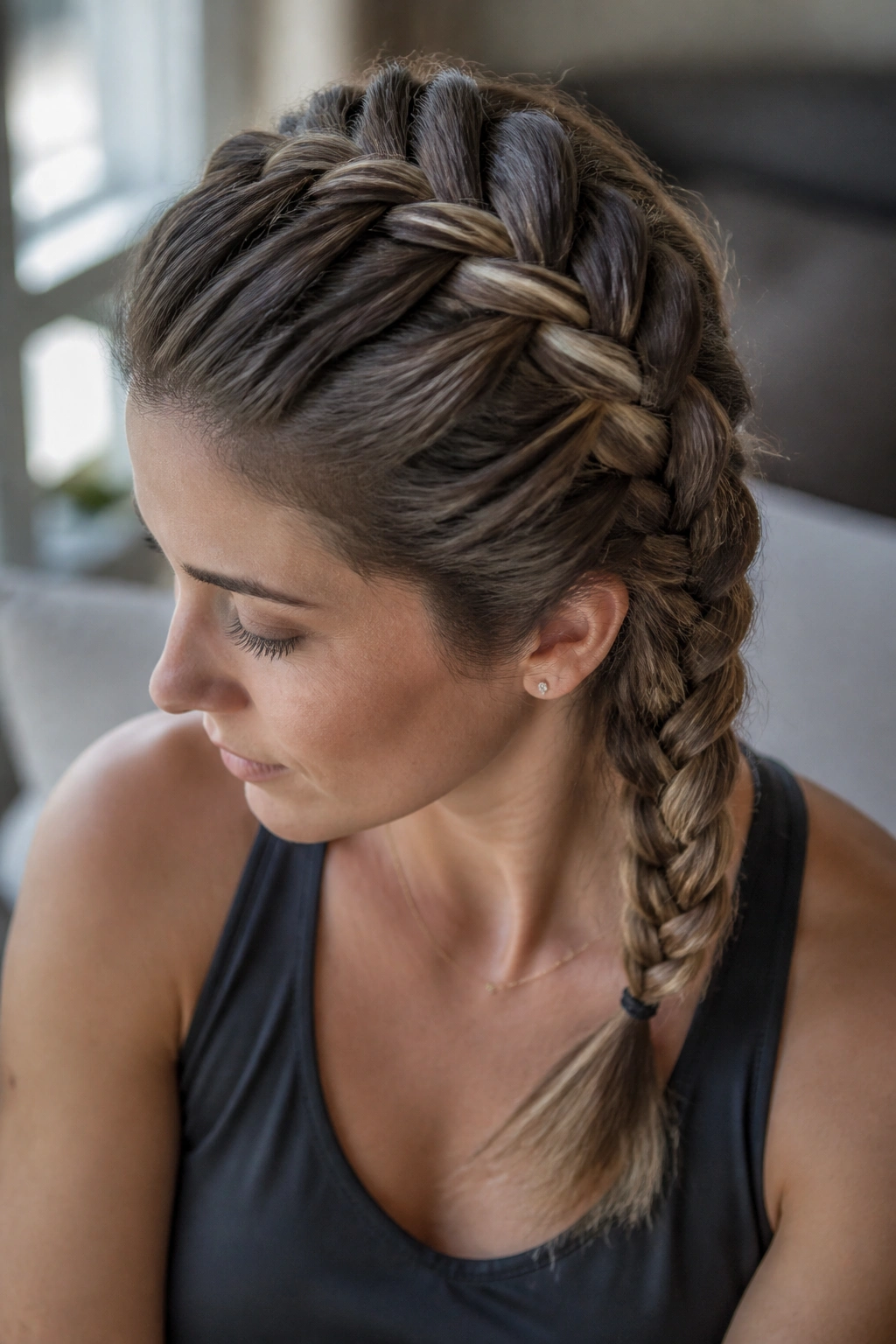 Close-up of a real woman with a French braid ending at the shoulder