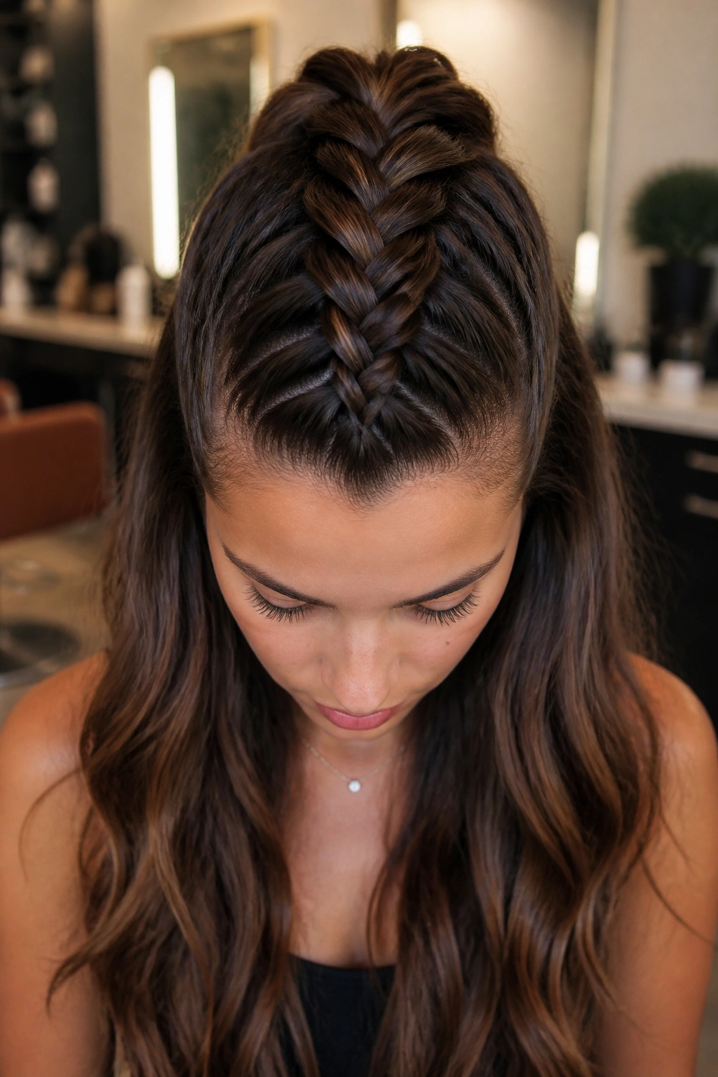 Close-up of a real person with a center French braid creating a mohawk lift