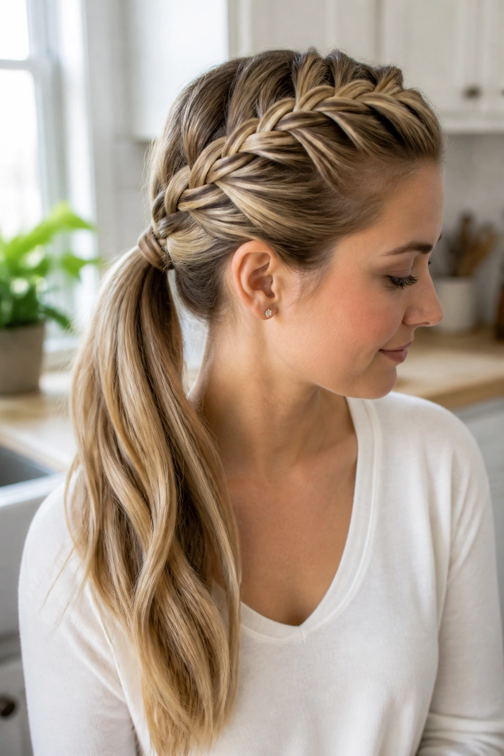 Close-up of a real woman with a French braid into a ponytail
