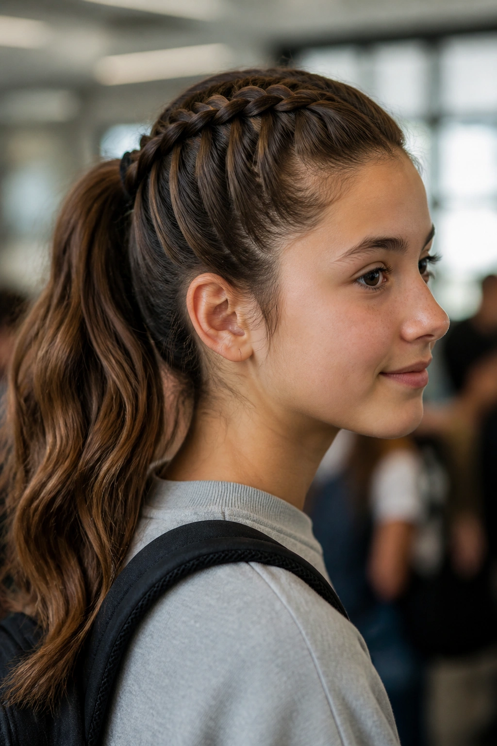 Close-up of a real student with a French braid turning into a ponytail in a school setting.